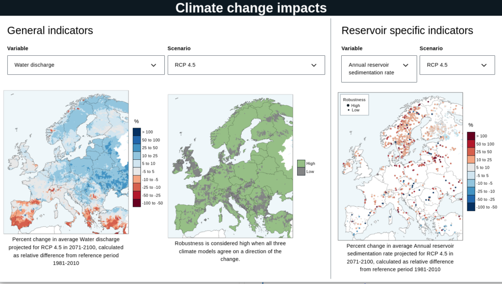 Screenshot of application for viewing climate impacts on European reservoirs